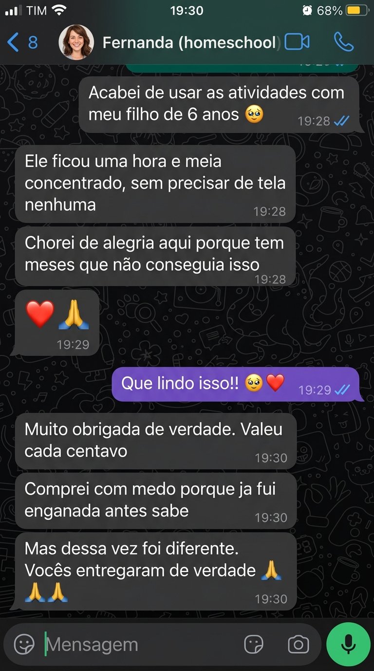 Fernanda, mãe em homeschooling, comentando sobre o resultado