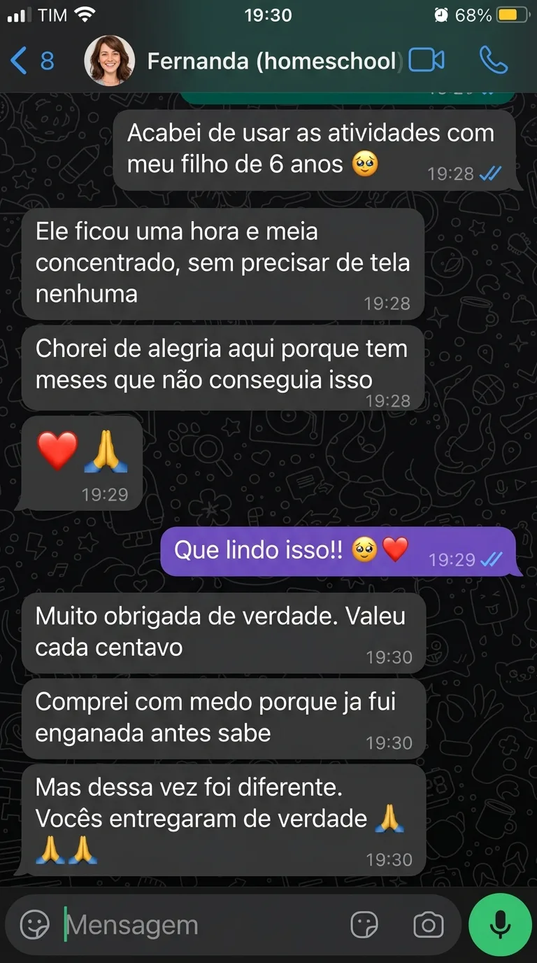 Fernanda, mãe em homeschooling, comentando sobre o resultado